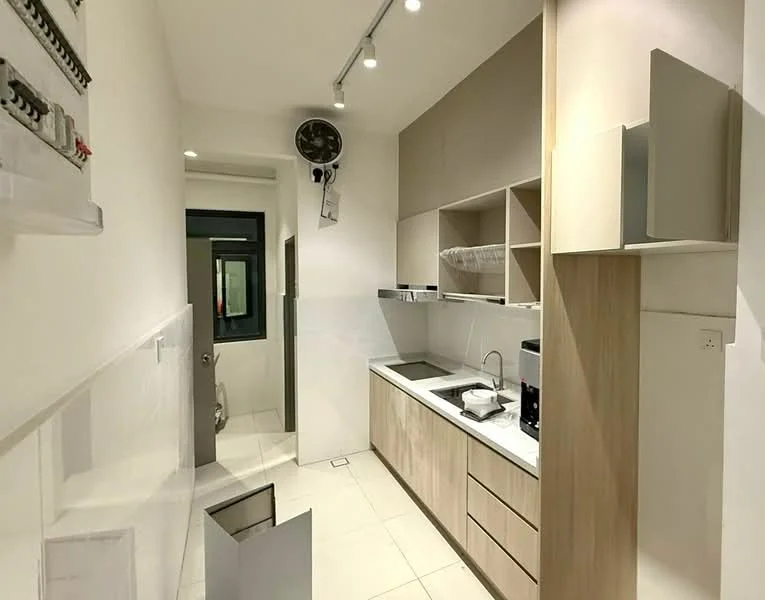 Kitchen features: white painted walls, light wood cabinetry, grey countertop, single-bowl stainless-steel sink, chrome pull-down faucet, built-in oven, freestanding coffee machine, open shelving, tile flooring, recessed LED downlights, window with view to outside, circuit breaker panel on wall; style: modern.