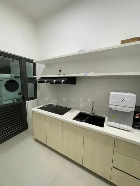 Laundry features: white cabinetry, black countertop, single-bowl stainless-steel sink, chrome pull-down faucet, built-in washing machine, open shelving, white walls, tile flooring; style: modern.