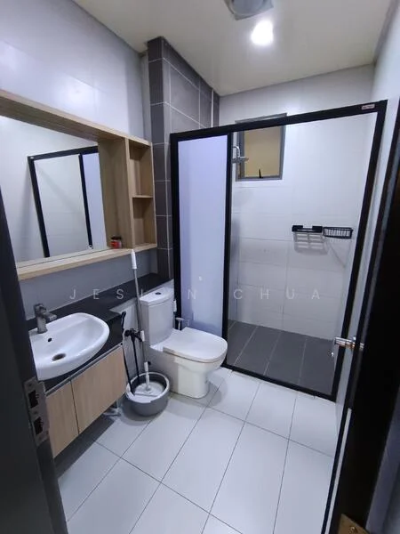 Bathroom features: single-sink vanity with wood cabinet, chrome basin mixer, framed mirror, one-piece toilet, walk-in shower with glass enclosure, shower head, tile cladding, grey floor tiles, white wall tiles, built-in shelving, light fixture, towel rack; style: modern.