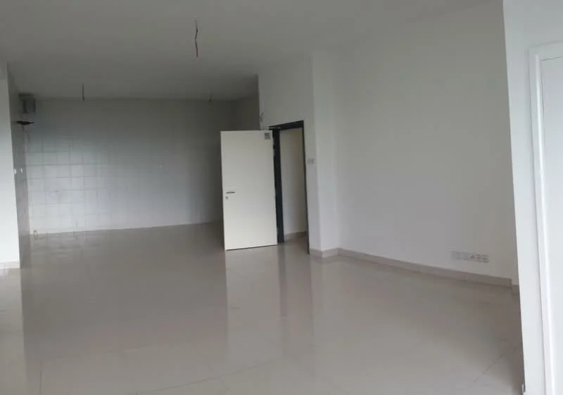 Room features: white painted walls, glossy tile flooring, single door, open layout, no visible fixtures or furniture, neutral color scheme, ceiling with exposed wiring, large unobstructed space; style: minimalist.