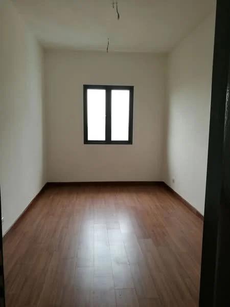 Room features: white painted walls, laminate flooring, single window with black frame, no visible ceiling fixture.