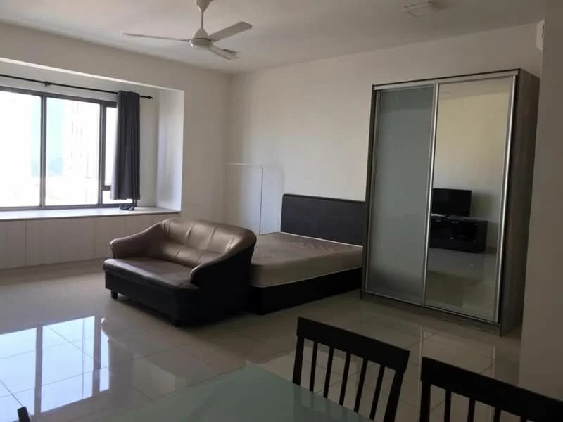 Living features: floor-to-ceiling windows, grey curtains, white painted walls, polished tile flooring, 3-seater leather sofa in brown, queen-size bed with black headboard, built-in wardrobe with sliding doors, wall-mounted TV, ceiling fan; style: modern; view: city.