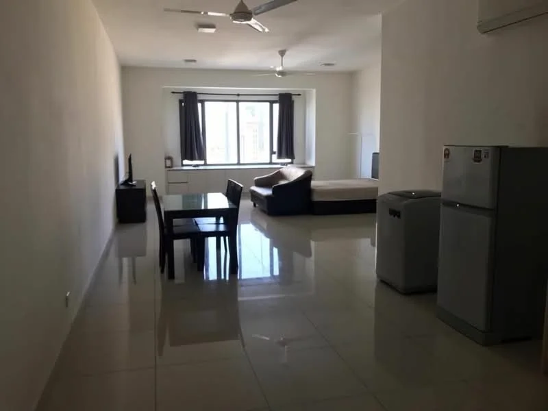 Living features: white painted walls, polished ceramic tile flooring, 5-blade ceiling fan, floor-to-ceiling windows, blackout curtains, sofa, dining table with chairs, TV console, refrigerator, washing machine; style: modern; view: city.