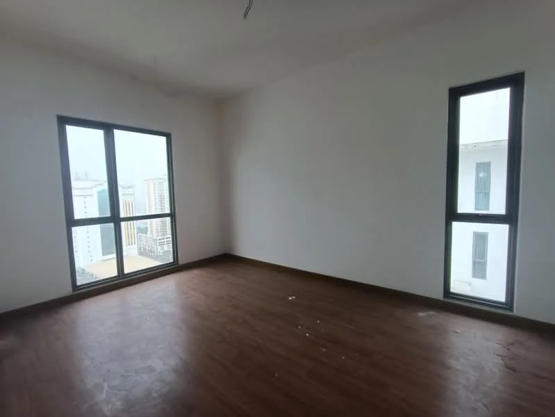 Room features: white painted walls, laminate flooring, two floor-to-ceiling windows, city view from windows; view: city.