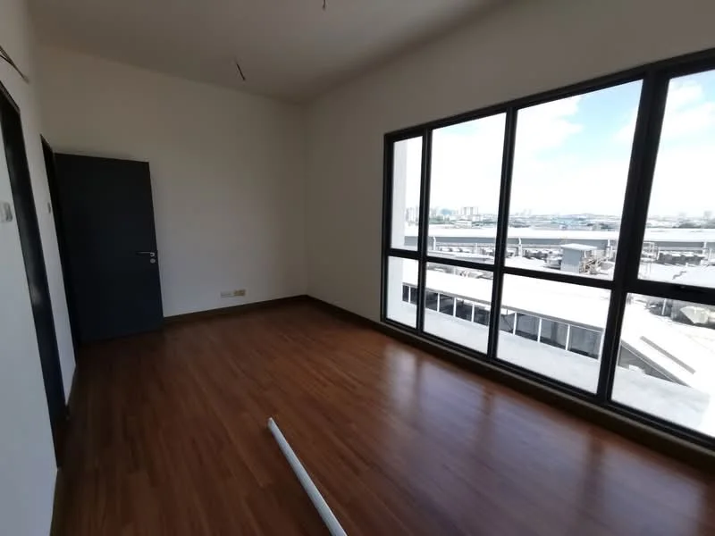 Room features: laminate flooring, white painted walls, large floor-to-ceiling windows, black window frames, one door, city view, minimalist design, no visible furniture; style: modern; view: city.