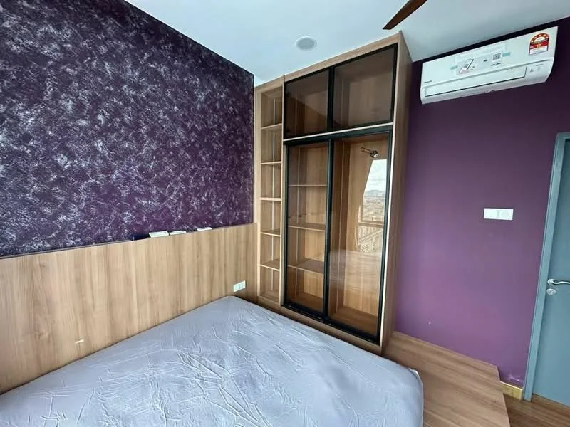 Bedroom features: queen-size bed, wooden headboard, built-in wardrobe with glass doors, wooden shelving, purple accent wall, light grey wall, air conditioning unit, laminate flooring, ceiling fan; style: modern; view: city.