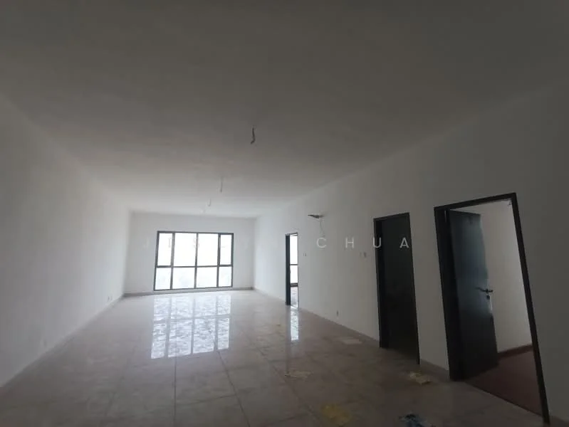 Room features: white painted walls, marble tile flooring, floor-to-ceiling windows, two doors, ceiling lights, unfurnished space, neutral color palette; style: modern.