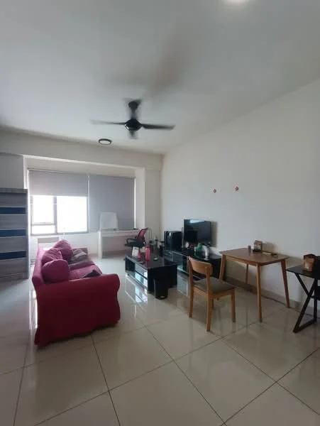 Living features: red fabric sofa, black TV console, wall-mounted TV, glass coffee table, dining table with two chairs, folding table, ceiling fan, white painted walls, glossy tile flooring, window with roller blinds; style: modern.