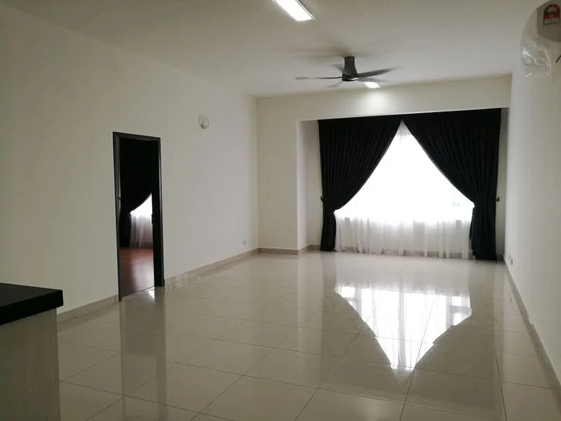 Living features: white painted walls, glossy ceramic tile flooring, 5-blade ceiling fan, floor-to-ceiling window, blackout curtains, sheer curtains, recessed ceiling lights, neutral color scheme; style: modern.