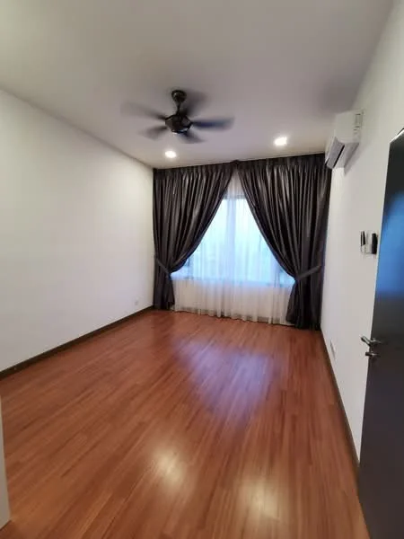 Room features: wooden flooring, white painted walls, ceiling fan, curtains in dark grey, large window with sheer curtains, air conditioning unit, door with modern handle, recessed ceiling lights; style: modern.