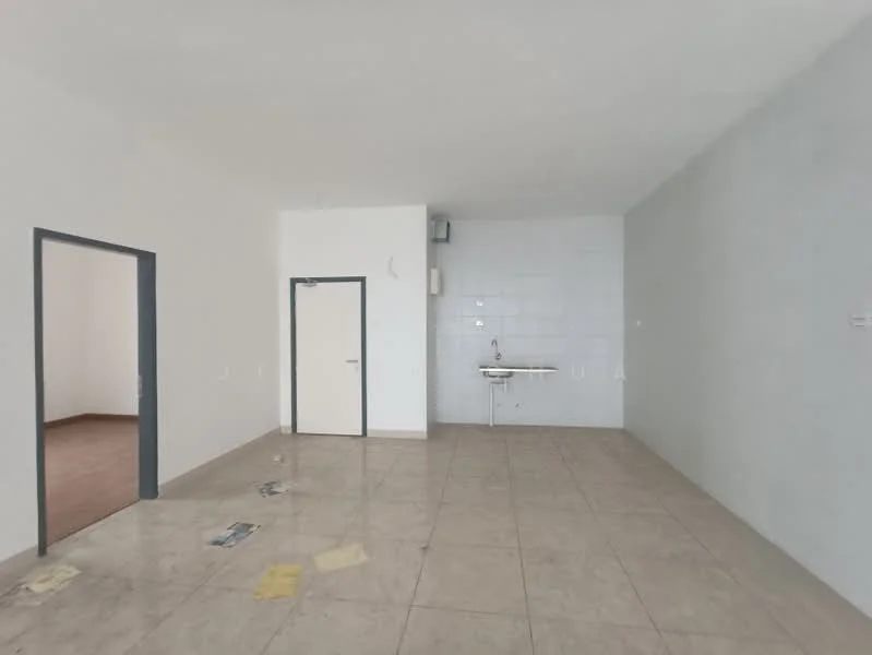 Room features: light grey painted walls, white painted walls, ceramic tile flooring, single-bowl stainless-steel sink, wall-mounted faucet, air conditioning unit, doorway leading to another room, window with no visible treatment, no visible furniture or decor; style: minimalist.