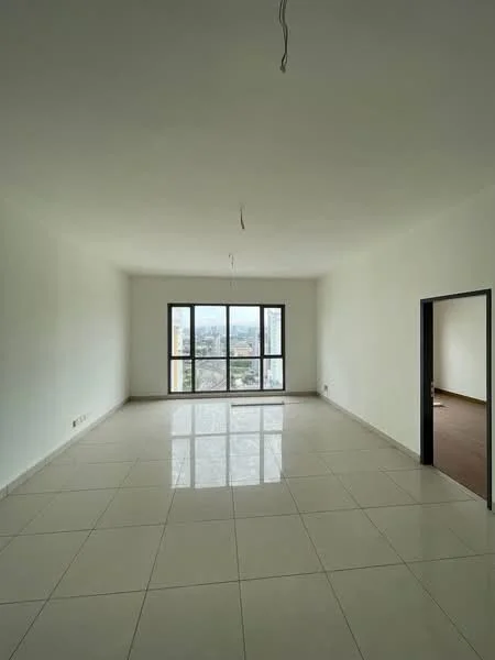 Living features: white painted walls, glossy ceramic tile flooring, floor-to-ceiling windows, natural light, city view, no visible furniture, plain ceiling, two light fixtures; style: modern; view: city. Room features: white painted walls, wooden door, no visible furniture.