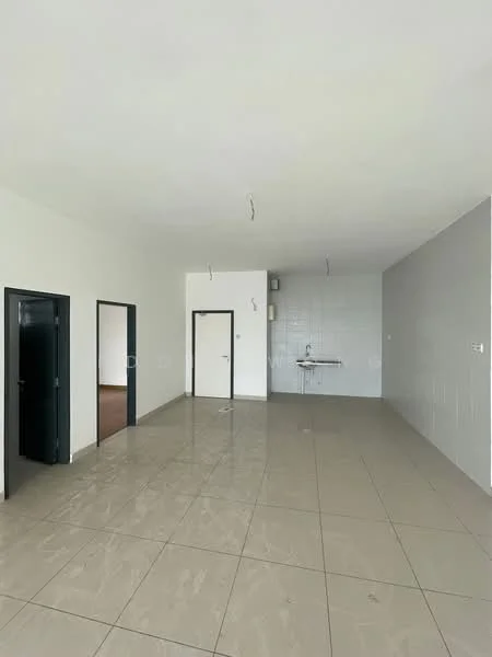 Room features: white painted walls, grey accent wall, glossy tile flooring, multiple doorways, kitchenette area with wall tiles, ceiling lights, open layout, no visible furniture; style: modern.