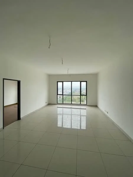 Room features: white painted walls, polished ceramic tile flooring, floor-to-ceiling windows, city view, no visible ceiling fixtures, empty space, neutral color palette, large open layout; style: modern; view: city.