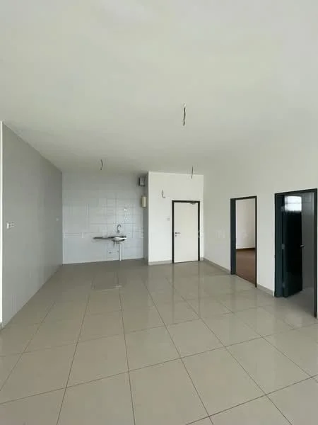 Room features: white painted walls, grey accent wall, glossy ceramic tile flooring, single-bowl stainless-steel sink, wall-mounted faucet, doorway to adjacent rooms, exposed ceiling with no fixtures, open layout; style: modern.