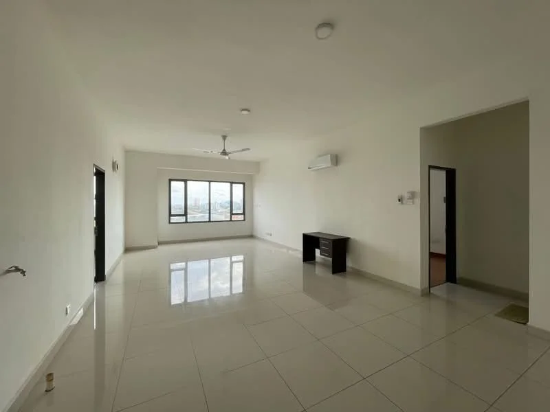 Living features: white painted walls, glossy ceramic tile flooring, 5-blade ceiling fan with light, wall-mounted split AC, floor-to-ceiling windows, black desk, neutral decor, natural light from windows; style: modern; view: city.