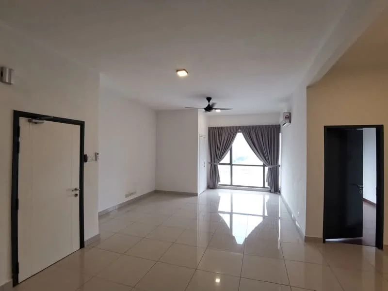 Living features: white painted walls, polished ceramic tile flooring, 5-blade ceiling fan with light, floor-to-ceiling windows, grey curtains, door with white frame, black door with handle, air conditioning unit; style: modern; view: city.