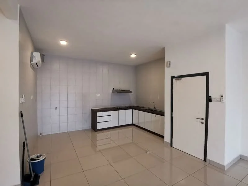 Kitchen features: white cabinetry with flat-panel doors, dark countertop, stainless-steel sink, chrome pull-down faucet, built-in oven, freestanding range oven, ceramic tile flooring, wall-mounted split AC, recessed downlights, grey tiled backsplash, open shelving, single-bowl stainless-steel sink, kitchen exhaust hood; style: modern.