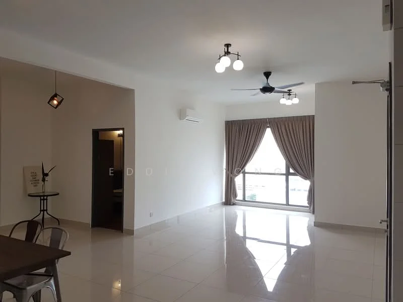 Living features: white painted walls, glossy tile flooring, 5-blade ceiling fan with light, recessed downlights, floor-to-ceiling windows, curtains, dining table, metal dining chairs; style: modern; view: city. Room features: white painted walls, glossy tile flooring, doorway leading to another room.