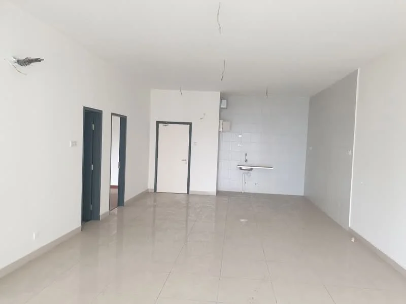 Room features: white painted walls, glossy tile flooring, ceiling with exposed wiring, single wall-mounted sink, doorway leading to other rooms, large open space, no visible furniture, neutral color scheme; style: minimalist.