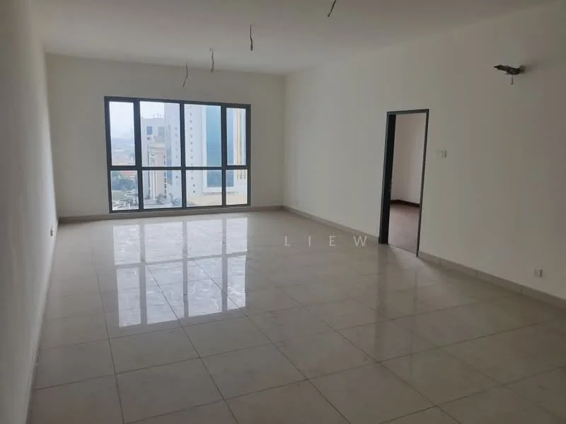 Living features: white painted walls, polished ceramic tile flooring, floor-to-ceiling windows, city view, recessed downlights, no visible furniture, neutral color scheme, open layout; style: modern; view: city.