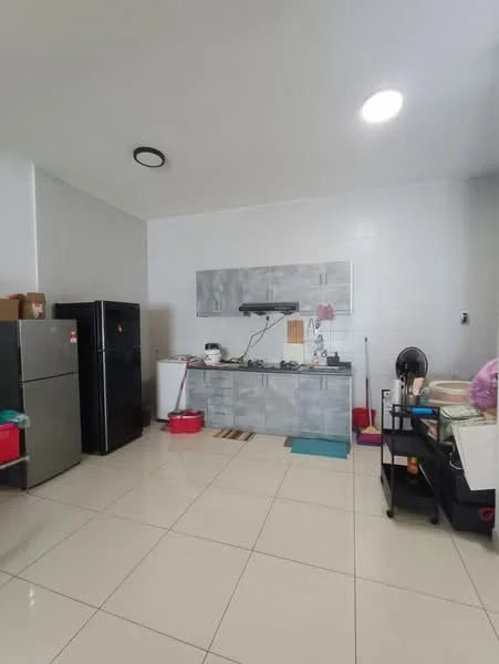 Kitchen features: grey cabinetry, stainless-steel fridge, white tiled backsplash, ceramic tile flooring, single-bowl stainless-steel sink, chrome pull-down faucet, kitchen countertop, wall-mounted light fixture, open shelving, fan, storage cart, various kitchen utensils; style: modern.