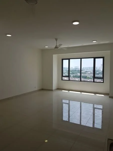 Living features: white painted walls, glossy ceramic tile flooring, recessed LED downlights, 5-blade ceiling fan, large floor-to-ceiling windows, city view, neutral color scheme, spacious layout; style: modern; view: city.