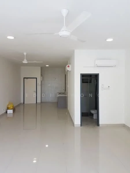 Room features: white painted walls, glossy ceramic tile flooring, 2 ceiling fans, 1 wall-mounted split AC, door leading to bathroom, door leading to kitchen area, light fixtures, open layout; style: modern.