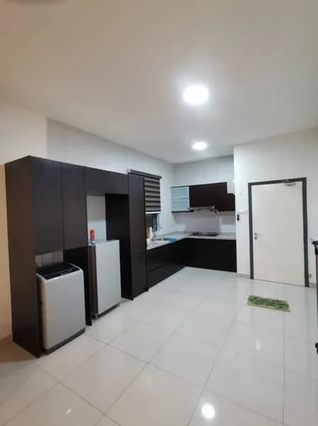 Kitchen features: white walls, glossy tile flooring, black cabinetry, stainless-steel fridge, built-in countertop, kitchen sink, window with blinds, recessed ceiling lights, washing machine, door with handle; style: modern.