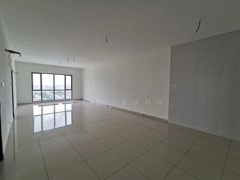 Room features: white painted walls, glossy ceramic tile flooring, large floor-to-ceiling windows, city view, exposed ceiling wiring, neutral color palette, spacious layout, no visible furniture; style: modern; view: city.