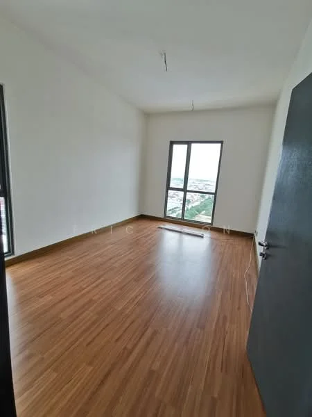 Room features: light wood laminate flooring, white painted walls, large window with city view, single door with dark finish, ceiling with no visible fixtures; style: modern; view: city.