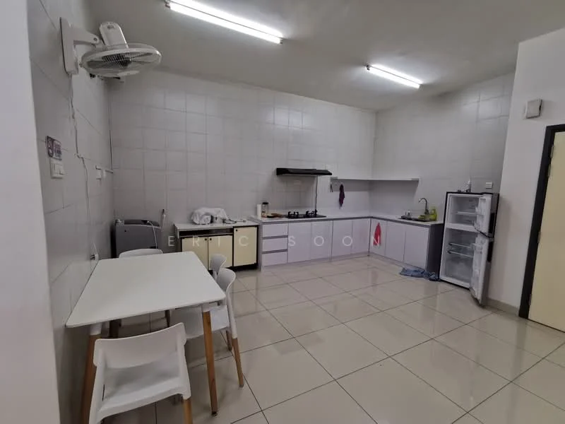 Kitchen features: white tiled walls, grey laminate cabinetry, stainless-steel sink, chrome pull-down faucet, built-in gas stove, exhaust hood, refrigerator, washing machine, white dining table, 4 white plastic chairs, ceramic tile flooring, ceiling-mounted air conditioning unit, LED ceiling lights; style: modern.
