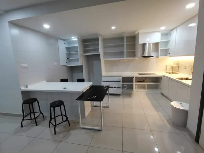 Kitchen features: white cabinetry, open shelving, marble countertop, stainless-steel range hood, built-in oven, 4-burner gas hob, double-bowl stainless-steel sink, chrome pull-down faucet, ceramic tile flooring, recessed LED downlights, bar stools, island with seating, white backsplash, wall-mounted cabinets; style: modern.