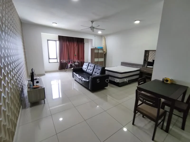 Living features: 3-seater leather sofa in black, floor-to-ceiling window, curtains in brown, wall-mounted TV, coffee table, dining table with 4 chairs, study desk, built-in wardrobe, tile flooring, ceiling fan, decorative wall with textured design, queen-size bed with mattress; style: modern.