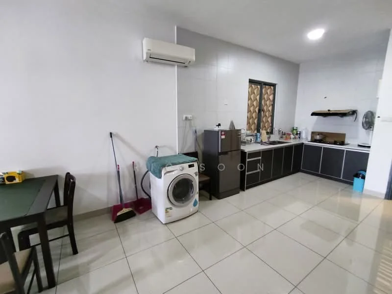 Kitchen features: white painted walls, glossy tile flooring, wall-mounted split AC, stainless-steel fridge, built-in kitchen cabinets in dark finish, countertop with sink, single-bowl stainless-steel sink, chrome pull-down faucet, built-in stove, exhaust hood, washing machine, dining table with chairs; style: modern.