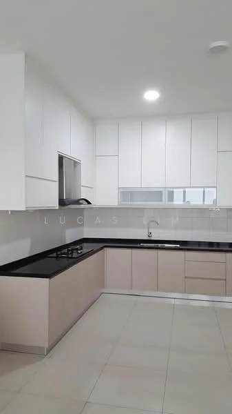 Kitchen features: black granite countertop, white upper cabinets, beige lower cabinets, built-in oven, stainless-steel range hood, ceramic tile flooring, recessed LED downlights, single-bowl stainless-steel sink, chrome pull-down faucet, glass window above sink, tile backsplash; style: modern.