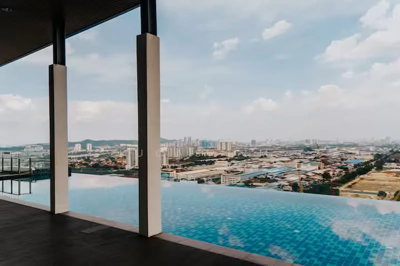 Exterior type: high-rise condominium; features: infinity pool, city skyline view, glass railing, tiled pool deck, surrounding urban landscape, open-air terrace; style: modern.