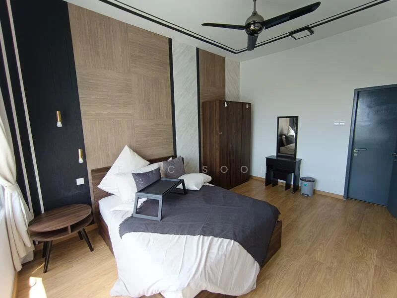 Bedroom features: king-size bed with grey bedding, wooden headboard, 2 bedside tables, black ceiling fan, wooden wardrobe, full-length mirror, wooden flooring, decorative wall with wood paneling, white painted walls, black accent wall, small study desk, waste bin; style: modern.
