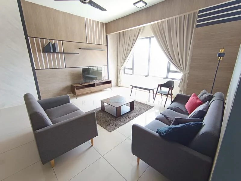 Living features: grey fabric 3-seater sofa, grey fabric 2-seater sofa, black coffee table, area rug with geometric pattern, wall-mounted TV, floating shelf, light wood accent wall, white painted walls, floor-to-ceiling windows, sheer curtains, black ceiling fan with light, decorative cushions in red and black; style: modern.