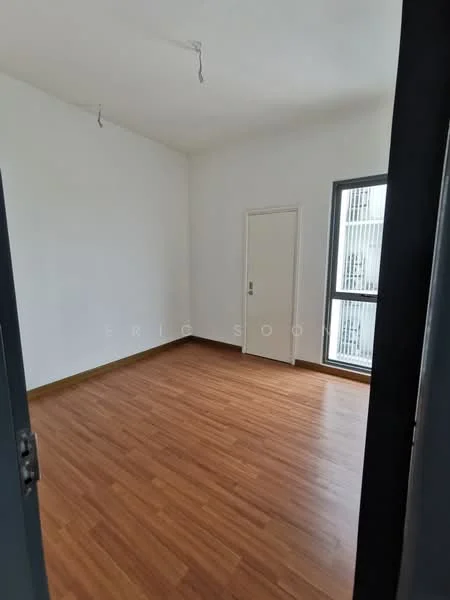 Room features: white painted walls, laminate flooring, single door, floor-to-ceiling windows, natural light from windows.