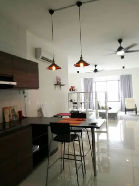 Kitchen features: brown wooden cabinetry, black countertop, stainless-steel sink, chrome pull-down faucet, built-in oven, 4-burner gas hob, 2 pendant lights with copper shades, wall-mounted split AC, tile flooring, recessed downlights; style: modern. Living features: ceiling fan, floor-to-ceiling windows, grey curtains, light-colored walls, white armchair, dining table with chairs, decorative items on shelves; style: modern.