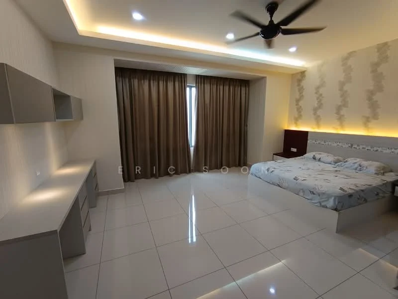 Bedroom features: king-size bed with floral bedding, 2 bedside tables, built-in wardrobe, study desk with drawers, floor-to-ceiling windows, brown curtains, white painted walls, recessed LED downlights, polished ceramic tile flooring, ceiling fan with light; style: modern.