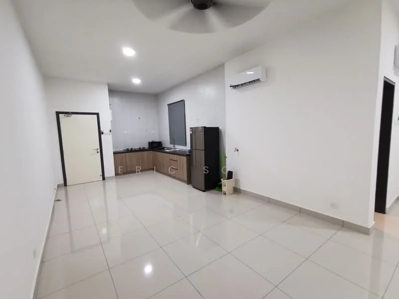 Living features: white painted walls, glossy ceramic tile flooring, 5-blade ceiling fan, wall-mounted split AC, black refrigerator, kitchen cabinetry in wood finish, countertop, window with black frame, door leading to hallway; style: modern.