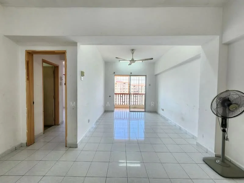 Living features: white painted walls, glossy white tile flooring, ceiling fan, sliding glass door, balcony access, natural light from windows, no visible furniture, open layout; style: minimalist. Room features: white painted walls, glossy white tile flooring, doorway leading to another room.