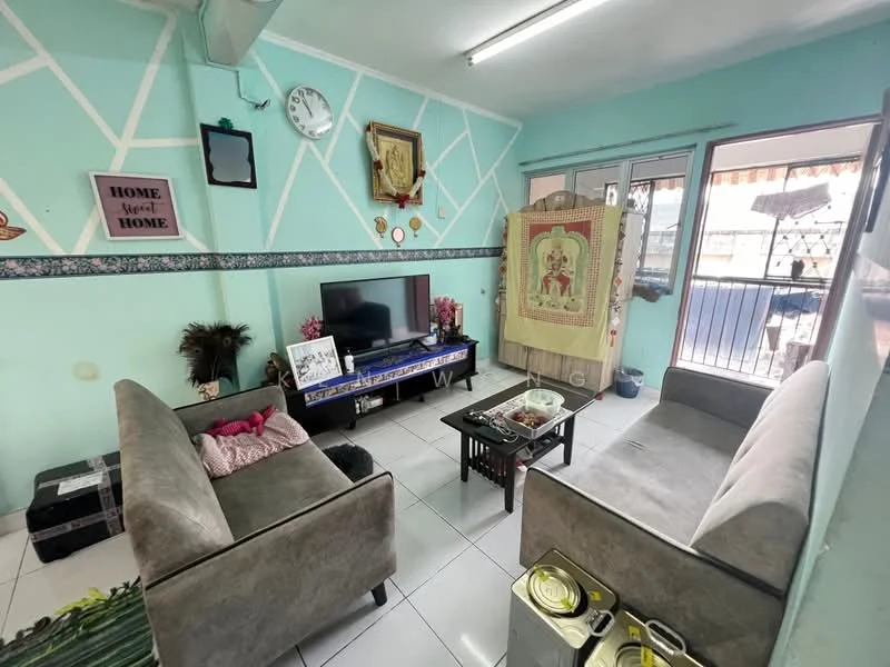 Living features: light blue painted walls, white tiled flooring, 2-seater fabric sofa in grey, TV console, wall-mounted TV, decorative wall clock, framed artwork, sliding glass door, curtains, coffee table, area rug; style: modern.