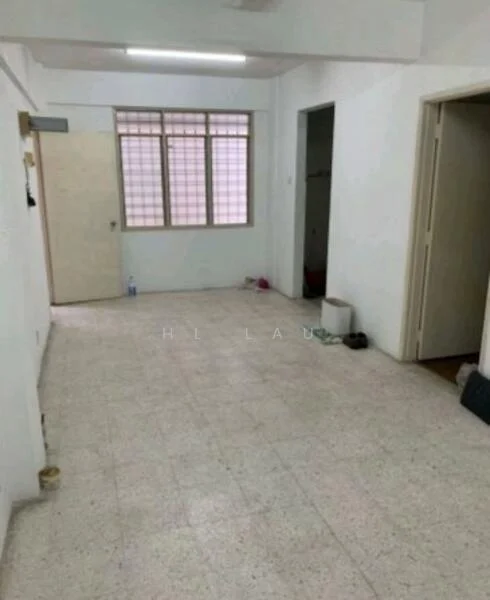 Room features: white painted walls, tile flooring, large window with grid pattern, doorway leading to another room, doorway leading to hallway, visible plumbing fixtures, empty space, neutral color scheme.