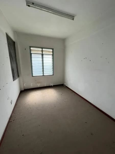 Room features: white painted walls, vinyl flooring, single window, ceiling light fixture, no visible furniture, minimal decor, neutral color scheme, corner location; style: minimalist.