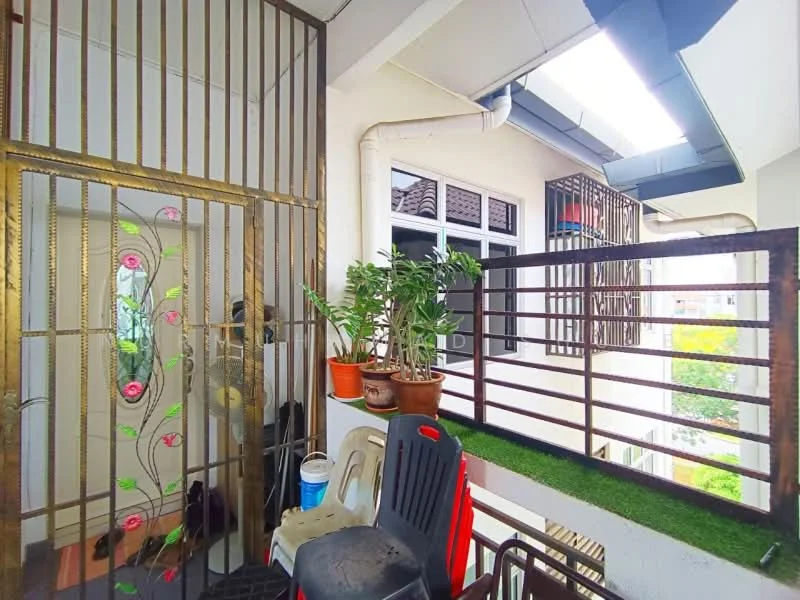 Room features: metal railing with decorative floral design, potted plants, plastic chairs, artificial grass flooring, window with view, ceiling with light fixture, exposed pipes, partition wall; style: modern; view: garden.
