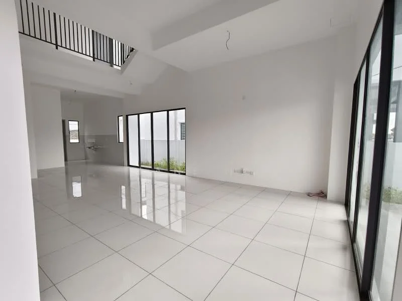 Room features: white painted walls, glossy white tile flooring, high ceiling, large floor-to-ceiling windows, open layout, minimalist design, natural light, no visible furniture; style: modern; view: garden.