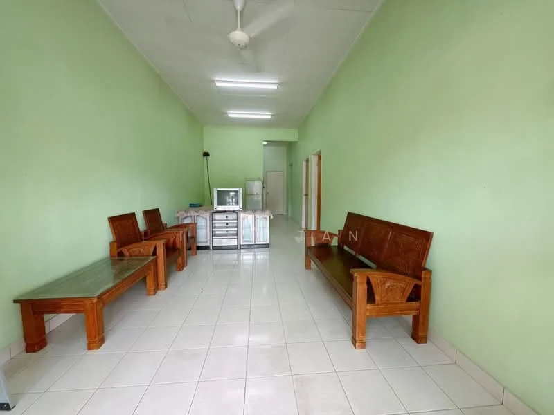 Living features: green painted walls, white ceiling, ceramic tile flooring, 2 wooden benches, 1 wooden coffee table, recessed ceiling lights, ceiling fan, open layout, natural light from doorways.